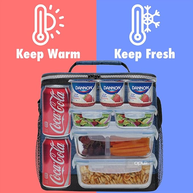 opux Extra Large Insulated Lunch Box Men Women, Lunch Bag for Work, Leakproof Soft Cooler Tote Adult, Lunch Pail, Picnic Beach Collapsible Food Bag with Shoulder Strap, Heather Navy