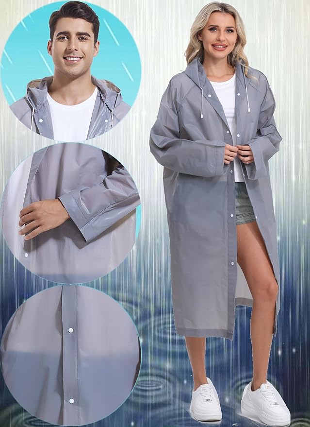 2-Pack Reusable Rain Ponchos for Adults, HOOMBOOM Raincoats Emergency for Women/Men with Drawstring and Sleeves