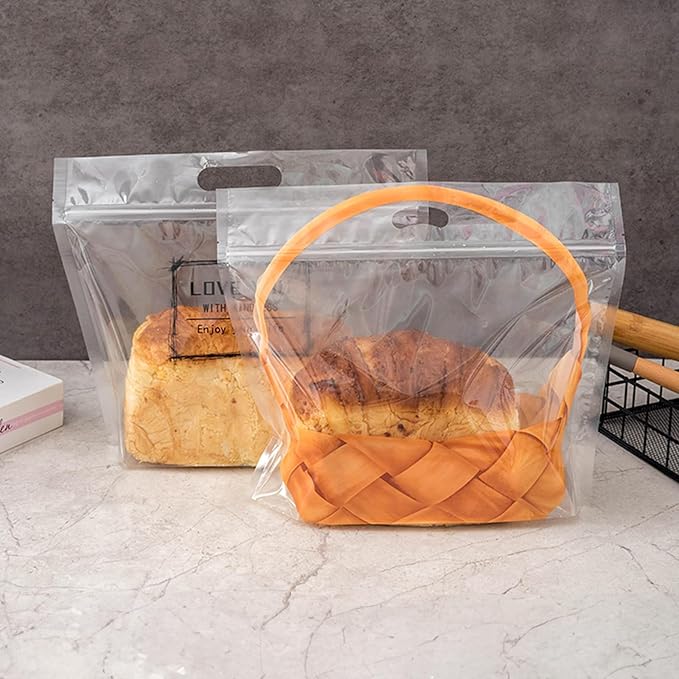 50 pcs 9 Inch Large Clear Bread Plastic Bags with Handle, Sealing Zipper Loaf Packaging with Basket Pattern for Homemade Bread Cookie, Bakery Cafe