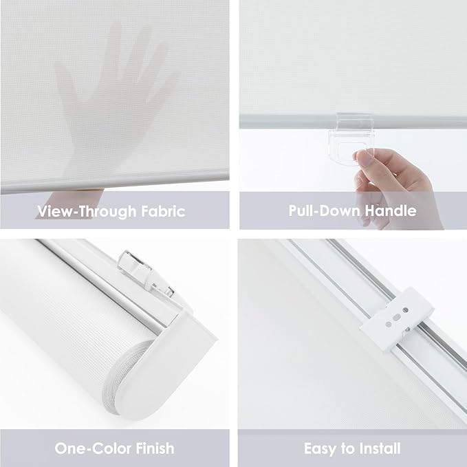 Cordless Roller Shades for Windows,Light Filtering Pull Down Blinds,Solar Screen Door Blinds,Flame Retardant UV Protection Fabric for Home Office (49" W x 72" H,Solar White)