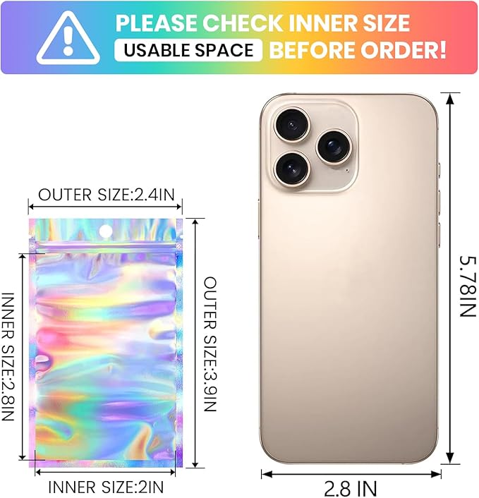 Funfery 100 pc Mylar Holographic Bags Packaging Bags,2.4x3.9in Clear Resealable Smell Proof Bag Foil Pouch Bag for Party Favor,Food Storage Baggies Packaging for Small Business
