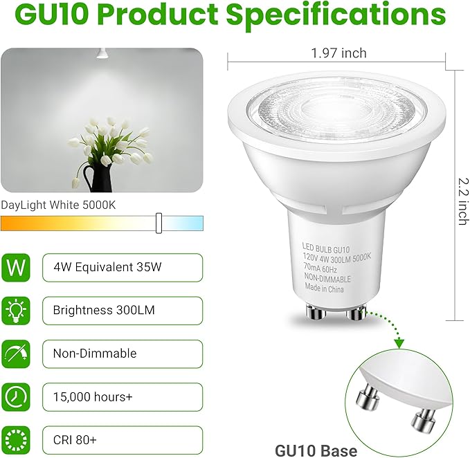 TJOY GU10 LED Light Bulbs Non-Dimmable, 4W, 5000K Daylight White, 300LM, Equivalent 35W, 2 Prong GU10 Bulbs Replacement for Recessed Track Lighting, MR16 LED Bulb for Living Room, Range Hood, 24 Pack