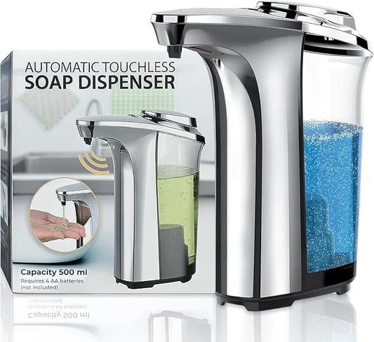 FKWin Automatic Soap Dispenser, Touchless Hand Soap Dispensers 17oz/500ml with 5 Adjustable Soap Levels, Kitchen Soap Dispensers, Liquid Hand Soap Dispenser Bathroom, Silver