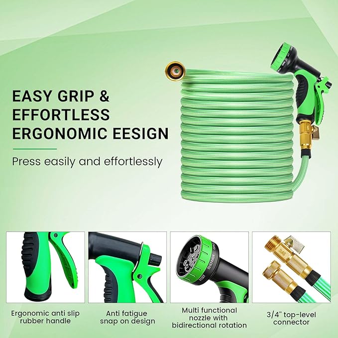 Non-Expandable Garden Hose 50 ft, Flexible Water Hose with 10 Function Nozzles, Leak-Proof Design High-Density Fabric&Shut-Off Valve, Hose Straps Garden Hose Pipe for Car Wash, Yard, Camper, Lawn