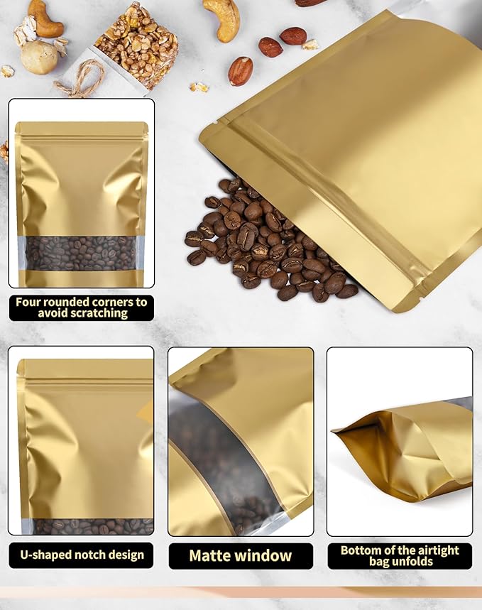 FireKylin 100 Pack Smell Proof Bags 7.1" x 10.2", Resealable Bags with Matte Window, Foil Pouch Stand Up Sealable Bags for Packaging(Gold)