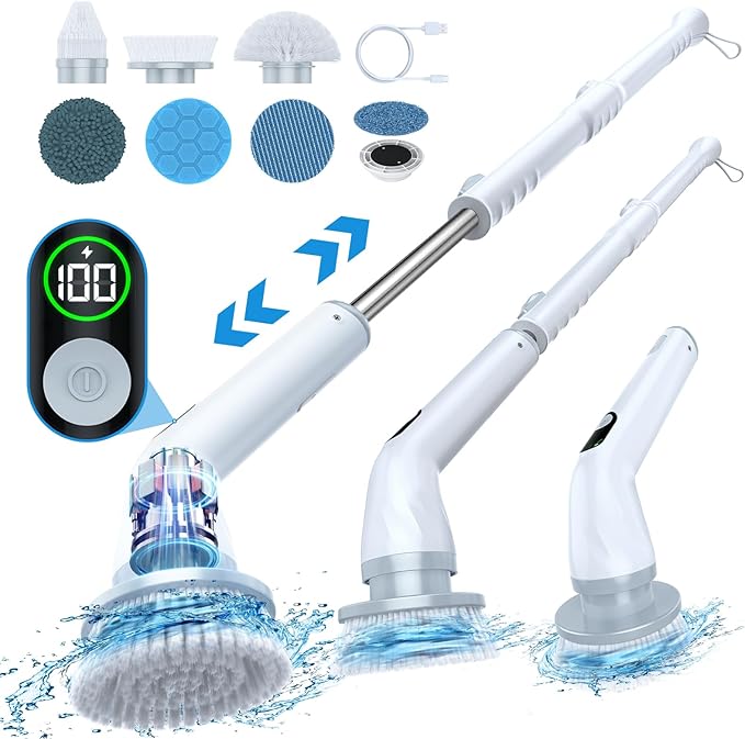 LABIGO Electric Spin Scrubber LA4 Pro, Dual Speed Bathroom Scrubber with Display & 6 Replacement Cleaning Heads, Cordless Power Scrubber with Adjustable & Detachable Handle for Bathroom Floor Tile