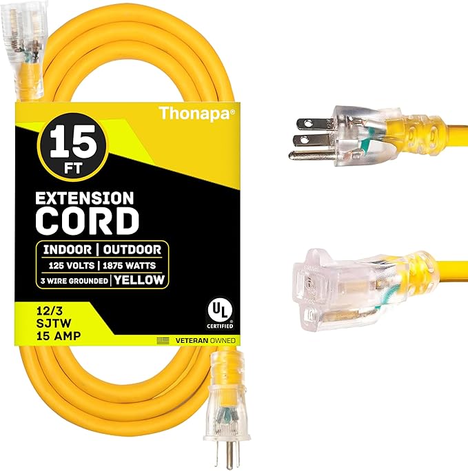 Lighted Outdoor Extension Cord 15 ft - 12 Gauge 15 Amp Heavy Duty Power Extension Cords - SJTW - Great for Major Appliances, Power Tools, Garden Supplies - Yellow