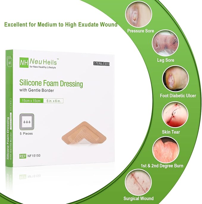 NeuHeils Silicone Adhesive Foam Dressing Bandage with Gentle Border 6 x 6 inch for Bed Sore Leg Ulcer, 5 Pack, High Absorbency Waterproof Silicone Wound Bandage for Pressure Ulcer