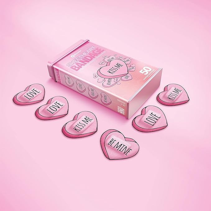 BioSwiss Kids Bandages, Valentine Heart Shaped Self Adhesive Bandage Set, Latex Free, Sterile Wound Care, 50 Count