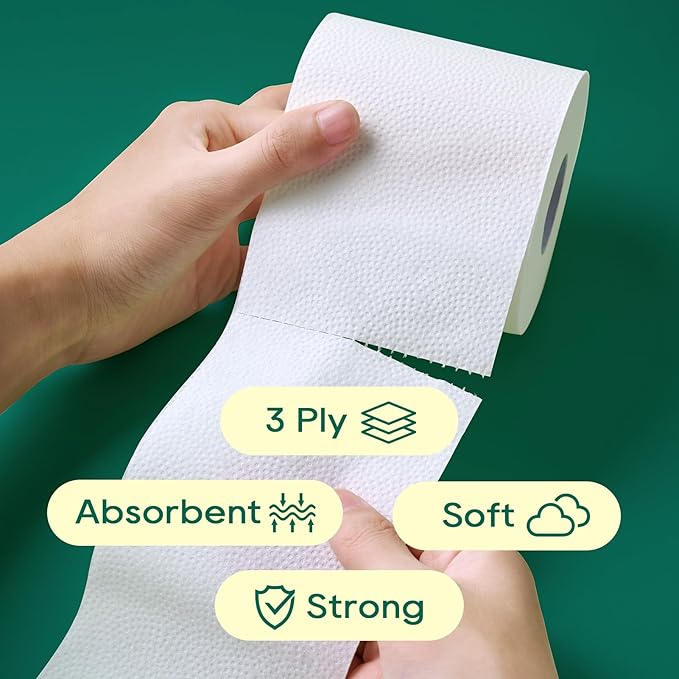 ECOLipak Bamboo Toilet Paper 3 Ply, Septic Safe Toilet Tissue, 12 Double Rolls, 320 Sheets Per Roll, Tree Free, Non Toxic, Soft and Absorbent, Eco Friendly Dye-Free Paper, White