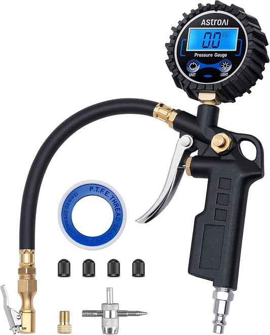 AstroAI Digital Tire Pressure Gauge with Inflator, 3-250 PSI Air Chuck & Compressor Accessories Heavy Duty with Quick Connect Coupler, 0.1 Display Resolution, 1pack