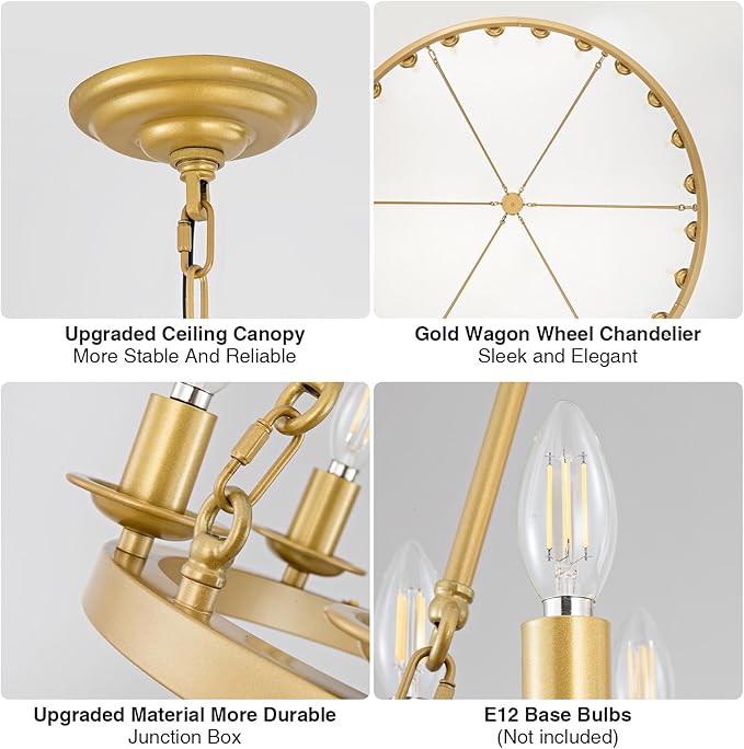 Wagon Wheel Chandeliers, 24-Light Gold Modern Rustic Large Farmhouse Chandelier Adjustable Height Light for High Ceiling Living Room, Entryways, Foyer, Dining Room, Kitchen