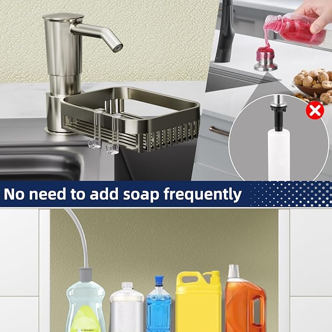 Soap Dispenser Pump for Kitchen Sink with Sponge Rack,ABS Plastic in Counter Soap Dispenser with 39" Extension Tube kit,Built in Dish Soap Dispensers Under Sink,on Countertop,Brushed Nickel