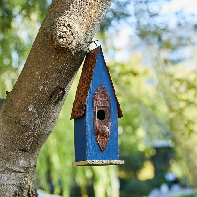 Glitzhome 13.25" H Retro Blue Distressed Solid Wood Birdhouse Hanging Garden Bird House for Outdoors