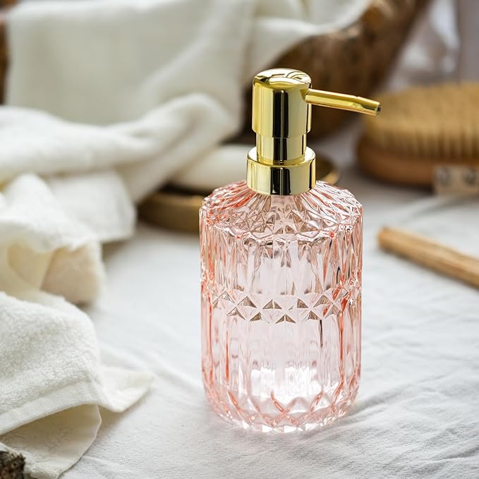 EMPO Clear Glass Soap Dispenser with ABS Plastic Pump, Crystal Lotion Dispensers for Kitchen Sink, Bathroom (Light Pink)