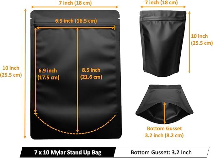 50 Pack Matte Black Stand Up Bags – 5 Mil 7x10 Inches Smell Proof Resealable Bags, Heat Sealable Plastic Foil Packaging Pouch Bag, Large Food Storage Pouches