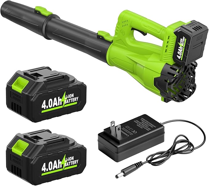 Leaf Blower Cordless, 21V Electric Leaf Blower with 2 x 4.0Ah Battery and Charger, 650 CFM & 280 MPH Powerful Leaf Blowers, Lightweight Small Leaf Blowers for Garden, Patio, Lawn Care (Green)