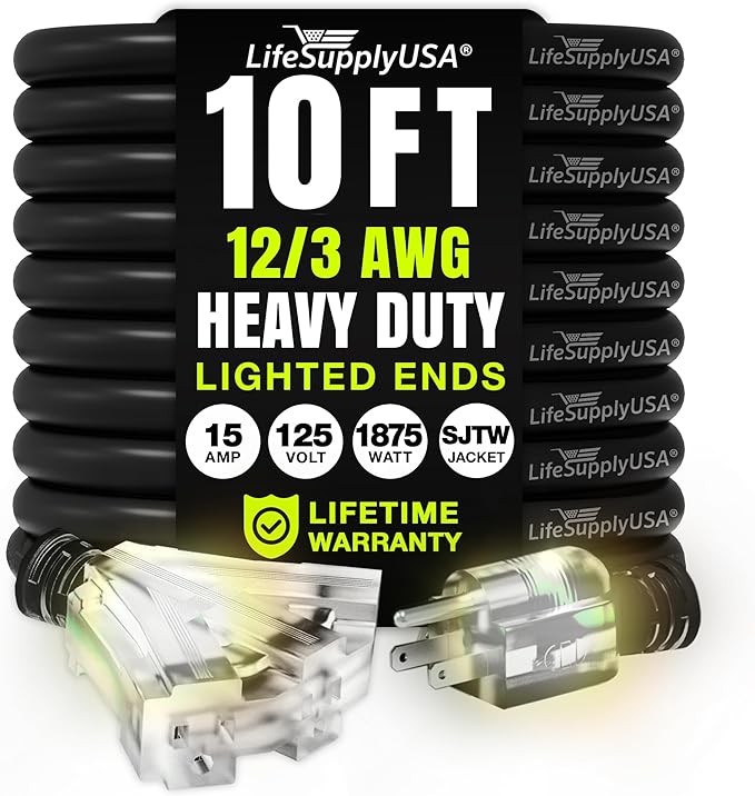 10ft Outdoor/Indoor Extension Cord 3-Outlet 12/3 Gauge Extra Heavy Duty 3 Prong SJTW, Waterproof, Flexible Cold-Resistant Long Power Cord,15A 125V 1875W, Black by LifeSupplyUSA