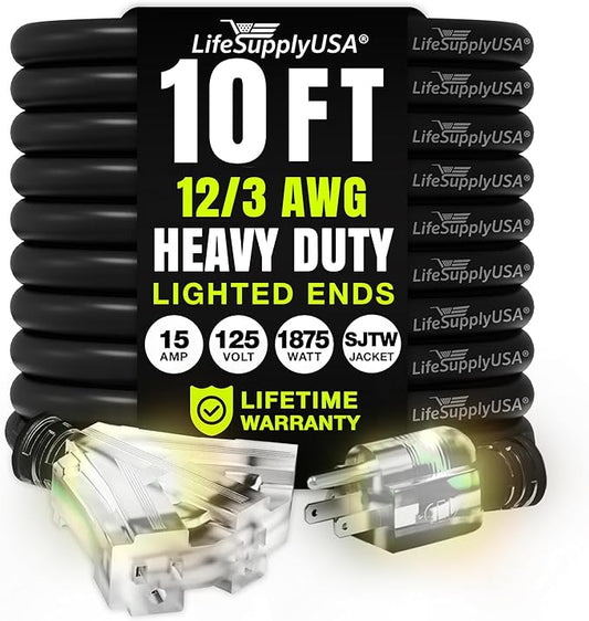 10ft Outdoor/Indoor Extension Cord 3-Outlet 12/3 Gauge Extra Heavy Duty 3 Prong SJTW, Waterproof, Flexible Cold-Resistant Long Power Cord,15A 125V 1875W, Black by LifeSupplyUSA