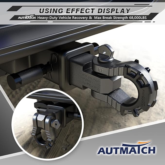 AUTMATCH Shackle Hitch Receiver 2" with 3/4" Mega D Ring Shackle and 5/8" Trailer Hitch Lock Pin, 68,000 Lbs Break Strength Heavy Duty Receiver Towing Kit for Off-Road Vehicle Recovery, Gunmetal Gray