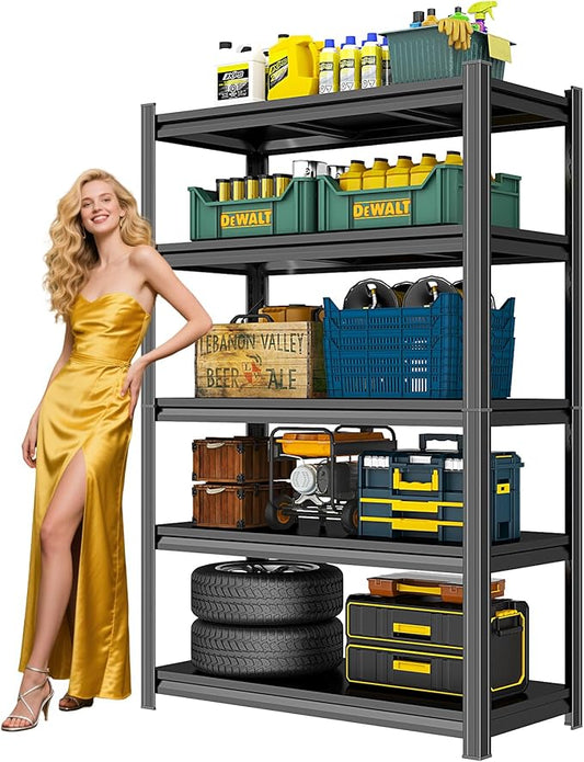 71.2"H 5-Tier Adjustable Storage Shelf, Steel Shelving, 2500 lbs Capacity, Heavy Duty Metal Garage Shelving Unit, Industrial Shelves for Heavy Tools and Equipment, Ideal for Garage, Basement, Black