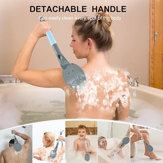 Back Scrubber Anti Slip for Shower, 21.7” Detachable Back Bath Brush for Shower, Back Scrubber, Exfoliation and Improved Skin Health for Elderly with Limited Arm Movement, Disabled (21.7” Grey)