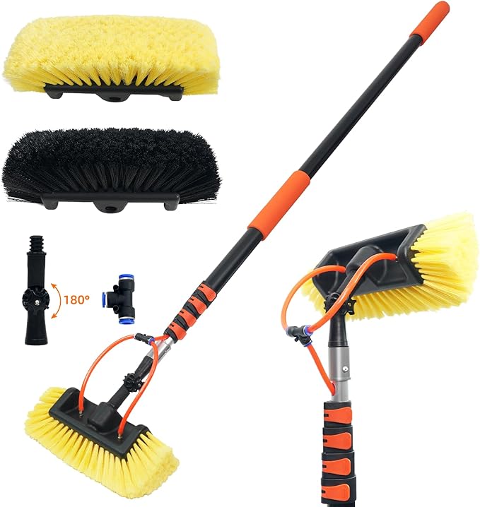 20FT Car Wash Brush with Long Handle, Car Cleaning Brush with 12" Soft Bristle and Hard Bristle, Telescopic Pole with Hose Attachment for Scratch-Free Cleaning Truck,RV,Boat,Siding,Solar Panels