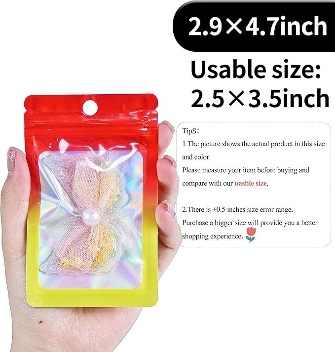 100 Pack Resealable Plastic Bags for Food Storage, Zipper Bags with Clear Front Window, Packaging Pouch for Small Business (Red & Yellow, 2.9x4.7 inch)
