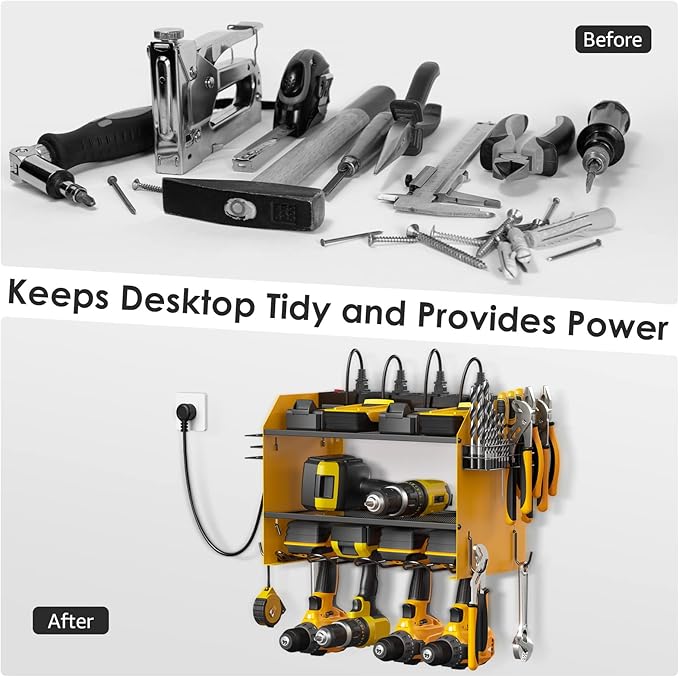 CCCEI Modular Power Tool Organizer Wall Mount with Charging Station. Garage Drill Storage Shelf with Hooks, Heavy Duty Rack, Tool Battery Holder Built in 8 Outlet. Gift for Men. Yellow.