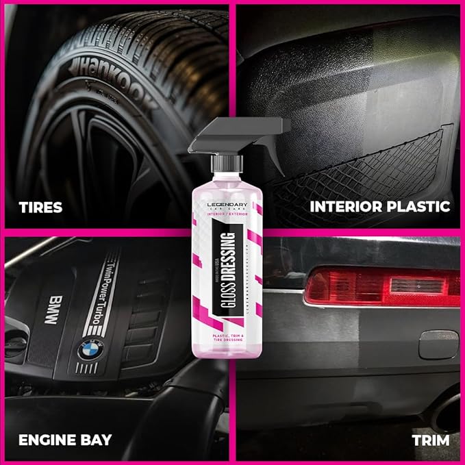 Legendary Gloss Dressing 16oz - Tire Shine Spray & Plastic Restorer – Water Based Tire Shine & Non-Greasy Interior/Exterior Detailing Spray - Trim, Rubber, Vinyl & Plastic Restorer for Cars