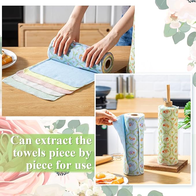 Redbaker 50 Pcs Reusable Paper Towels Paperless Reusable Cotton Cloths Toilet Absorbent Washable Paper Towels with Roll Kitchen Dishcloth for Kitchen Paperless Dishcloths(Floral Wreath)