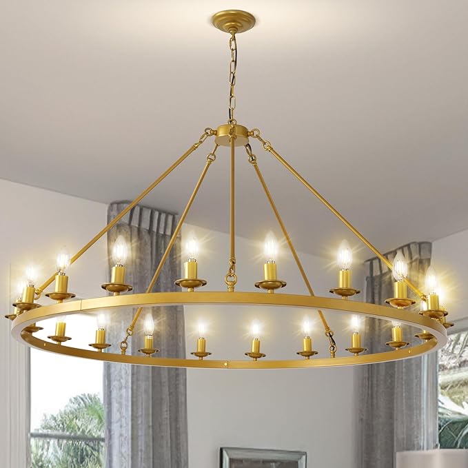 Wagon Wheel Chandelier, 20-Light Gold Modern Rustic Large Farmhouse Chandelier Adjustable Height Light for Ceiling Living Room, Entryways, Foyer,Dining Room, Kitchen