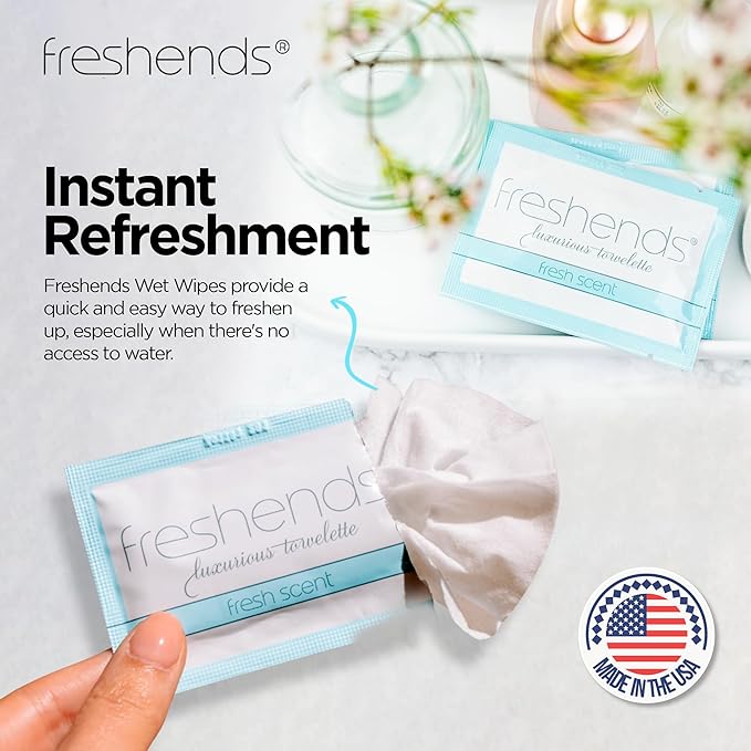 Freshends Flushable Individually Wrapped Wipes – 100 Bulk Pack Luxurious Towelettes, Guest Bathroom Essentials for Weddings, Restaurants, Bars & Clubs – Blue, Travel-Size, Disposable