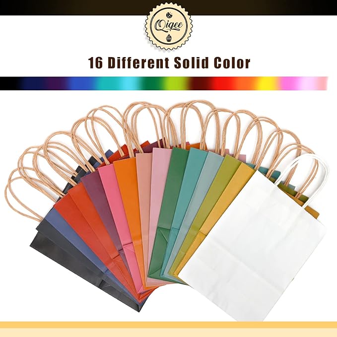 qiqee 100-Packs Paper Bags with Handles Bulk 8.26"×6"×3.15" Small Gift Bags 16 Different Senior Color Bags Multiple Uses（Small Size）