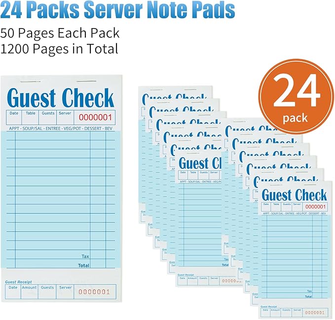 24 Pack Blue Guest Checks Books for Servers Server Note Pads, Waiter Checkbook, Waitress Notepad for Restaurants, Paper Checks 50 Sheets/Pack, 300 Total Tickets