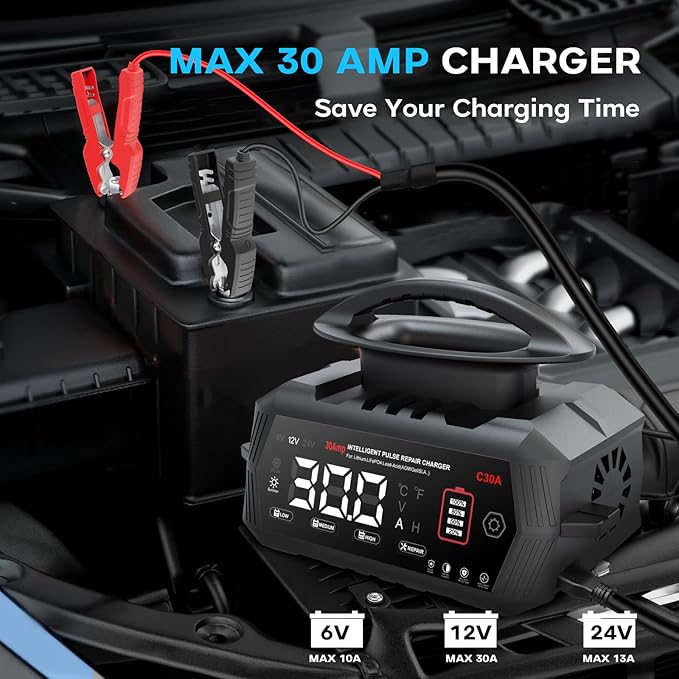 30 AMP Battery Charger, 6V/12V/24V Lead-Acid, Lithium, LiFePo4 Smart Battery Charger, Portable Large Screen Trickle Charger, Fully Automatic Chargers and Maintainer for Car, Motorcycle, Lawn Mower