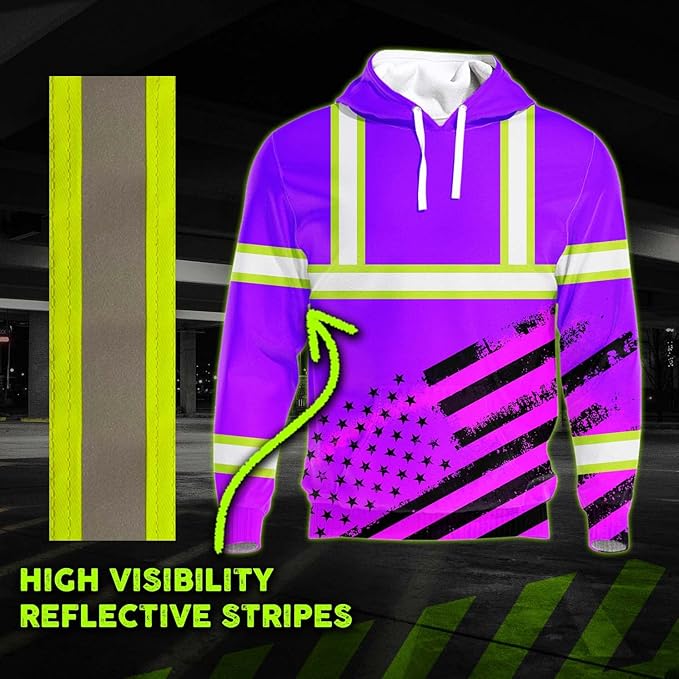 Color US Flag High Visibility Hoodie for Men Women Reflective Tapes Safety Workwear for Worker Runner Patriotic