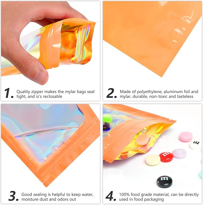 Funfery 100 pcs Smell Proof Mylar Holographic Bags Packaging Bags, Clear Resealable Odor Proof Bag Small Zipper Foil Pouch Bag for Food Storage Gloss Eyelash Jewelry Sample Treat (Orange,4x6in)