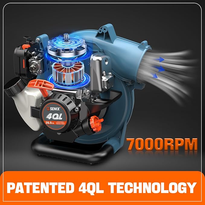 SENIX 4QL 26.5 cc 4-Cycle Handheld Gas Powered Leaf Blower for Lawn Care Clean Up, Up to 410 CFM and 125 MPH, Light Weight, Dual Grip Handle, BL4QL-L, Blue