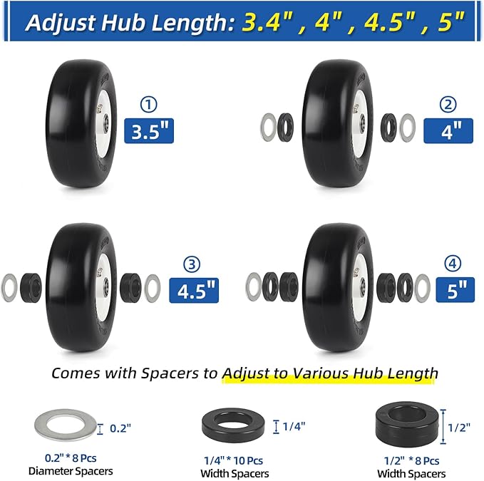 9x3.50-4 Flat Free Lawn Mower Tire and Wheel, Smooth Tread Tire for Zero Turn Mowers, Bearing Bore 3/4" & 5/8", Centered Hub Length 3.5"-4"-4.5"-5", 2 PCS