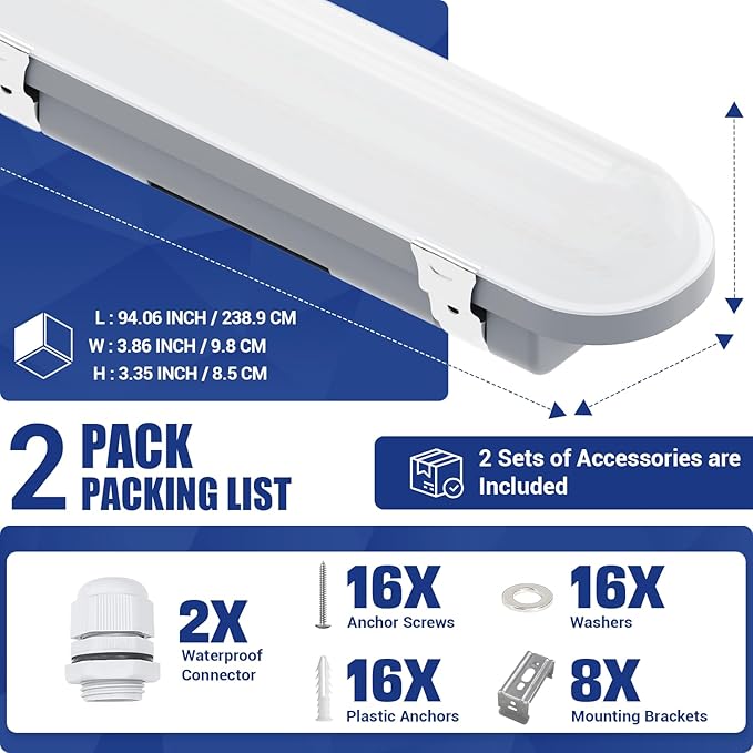 8FT LED Vapor Tight Light 120W/100W/80W,3/4/5000K CCT Selectable 18000lm (150W Eq.) IP66 Waterproof Shop Light 8feet LED Vapor Proof Fixture for Parking Garage Car Wash Warehouse ETL 2-Pack