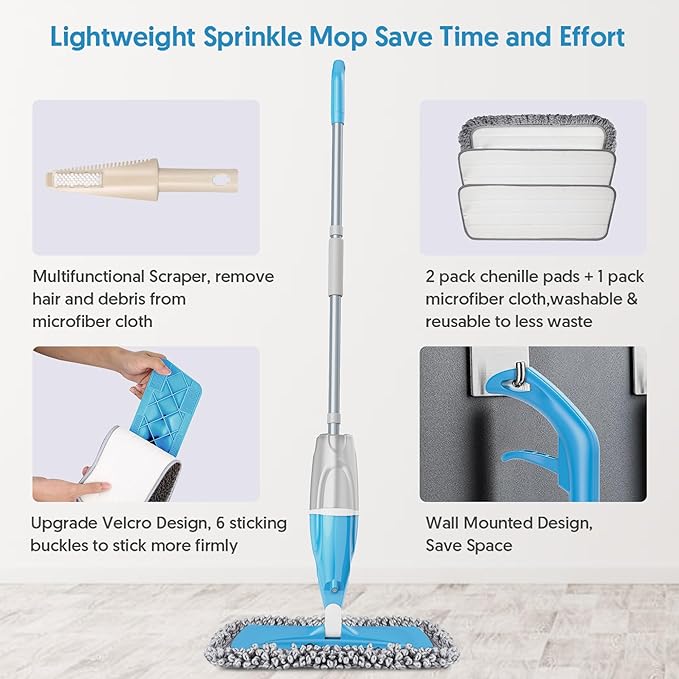 Microfiber Spray Floor Mops for Floors Cleaning- Hardowod Floor Mops with 440ML Refillable Bottles 3 Washable Mop Pads and 1 Scraper - Dust Wet Mop for Laminate Hardwood Ceramic Tile Wood Vinyl
