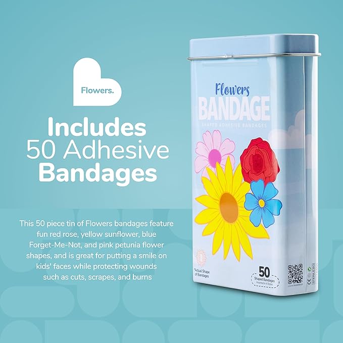 BioSwiss Kids Bandages, Flowers Shaped Self Adhesive Bandage Set, Latex Free, Sterile Wound Care, 50 Count