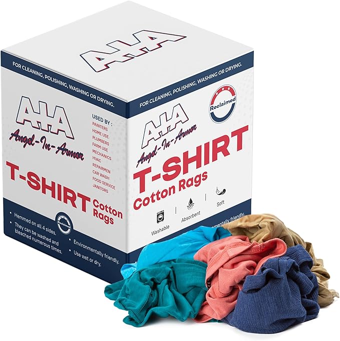 Angel-in-Armor Colored T-Shirt Rags – 5lb Box of Recycled Cotton Knit Shop Rags (50 Units) – Low Lint Cleaning Cloths for Mechanics, Oil Changes, Industrial and Commercial Use