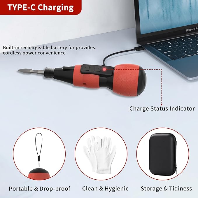 Mini Electric Screwdriver Set,Hillyfe 2500mAh Electric Screwdriver Cordless with LED Light, 13 Magnetic Bits, Extension Rod, Gloves, Storage Case,for Furniture/Electrical Repairs,Red