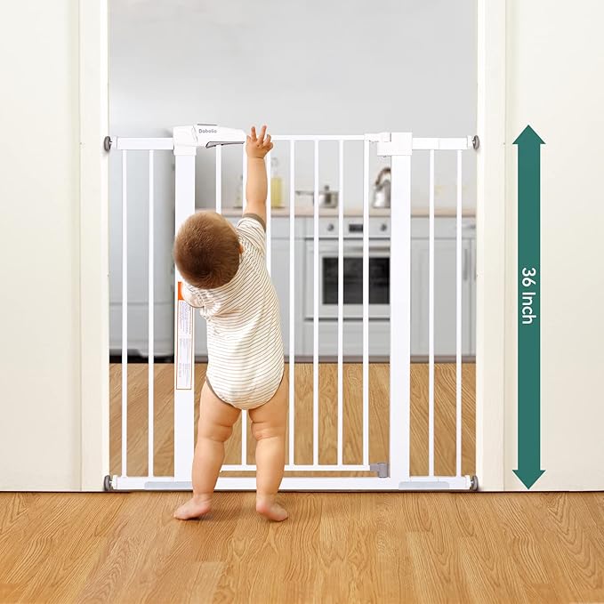 BABELIO 36" Tall Dog Gate PressGuard C5, 26-40" Wide Auto Close Baby Gate, Pressure Mounted Metal Pet Gate, Easy Install No Drilling, No Tools Needed, with Wall Protectors and Extension Kits, White