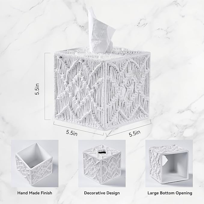 White Woven Macrame Boho Tissue Box Cover Square for Home Decor,Resin Heavy Woven Tissue Box Holder for Bathroom Kitchen Countertop,Bedroom, Vanity, Night Stand, Office Desk Top, Waterproof Durable