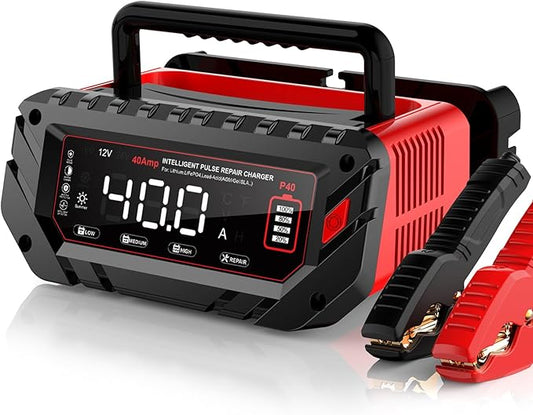 40 AMP Car Battery Charger, 6V/12V/24V Lead-Acid, Lithium, LiFePo4 Smart Battery Charger, Large Screen Trickle Charger, Fully Automatic Chargers and Maintainer for Car, Motorcycle, Lawn Mower