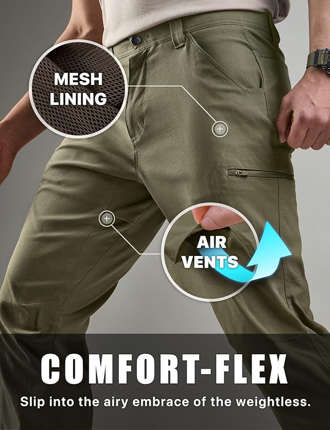 CQR Men's Vent Stretch Pants, Quick Dry Lightweight Casual Cargo Pants, Water Resistant Straight-Fit Utility Work Pants