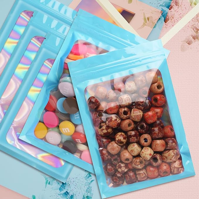 Funfery 100 pcs Blue Holographic Mylar Packaging Bags,Clear Seal Resealable Bags Foil Pouch Zipper Bag for Food Storage,Lipgloss,Jewelry,Eyelash Packaging for Small Business(2.4x3.9In)